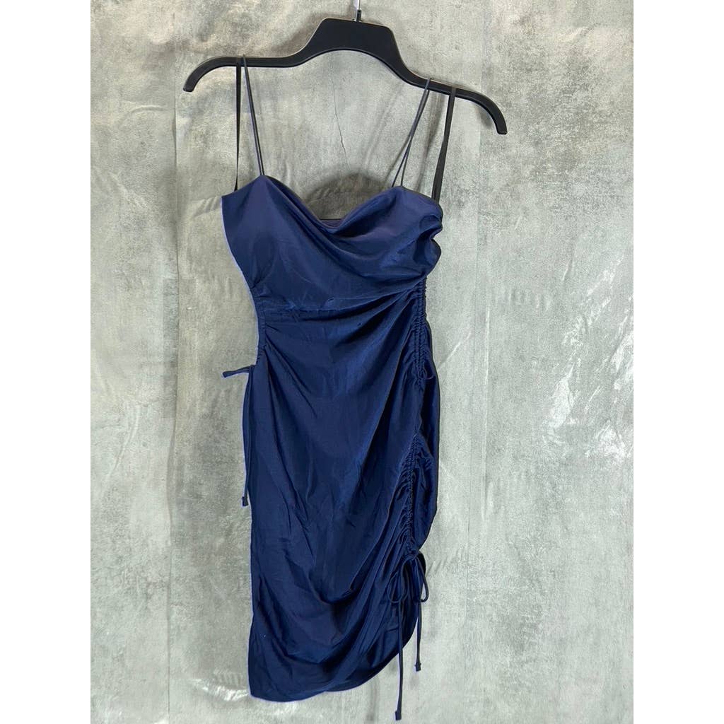 B. DARLIN Navy Bungee-Strap Square-Neck Cutout-Side Ruched Bodycon Dress SZ M