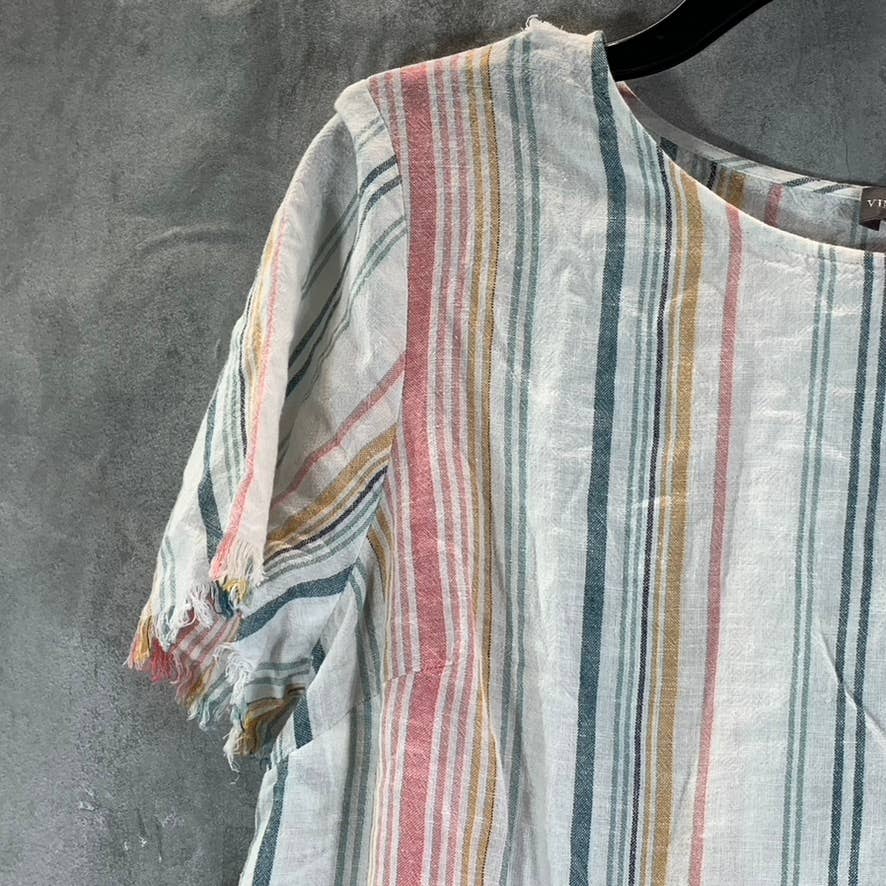 VINCE CAMUTO Women's Beach Stripe Scoop-Neck Frayed Short Sleeve Top SZ M