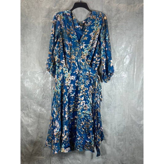 MAREE POUR TOI Women's Plus Size Blue Floral Burnout Silk3/4 Sleeve Wrap Dress