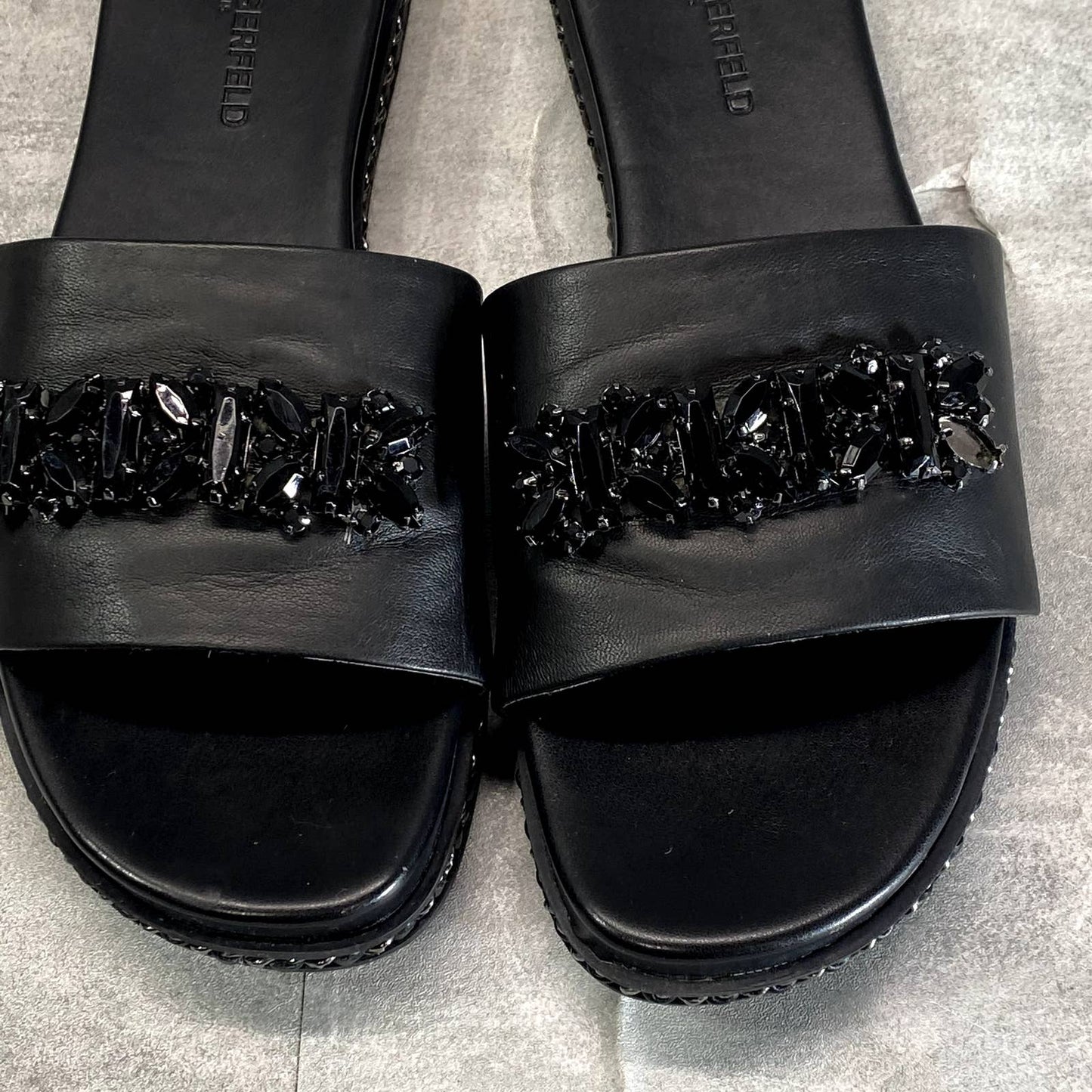 KARL LAGERFELD PARIS Women's Black Rhinestone Embellished Bijou Slide Sandals
