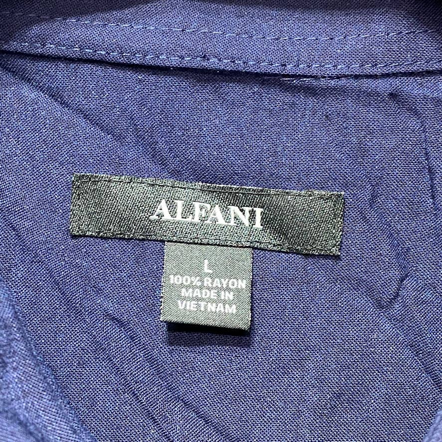 ALFANI Blue Regular-Fit Bowler Stripe-Print Short Sleeve Shirt SZ L