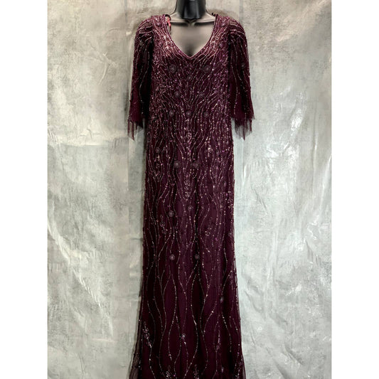 JKARA Women's Wine Beaded Embellished V-Neck Mesh Flutter-Sleeve Gown SZ 12