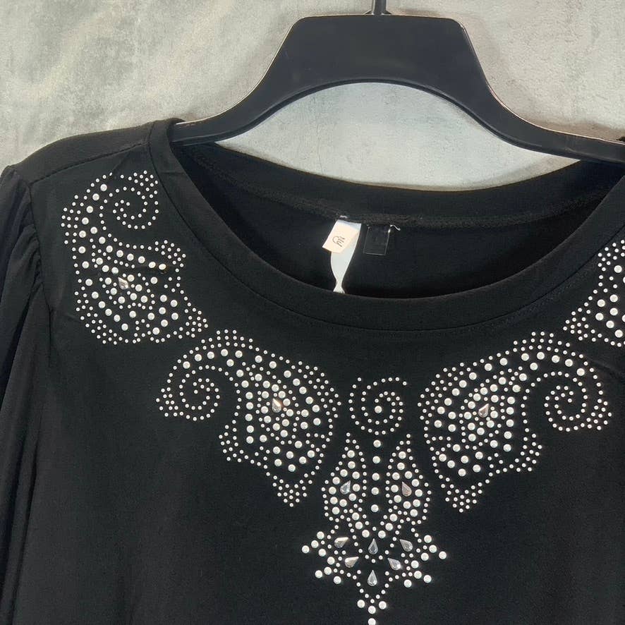 NY COLLECTION Women's Black Rhinestone Scoop-Neck Elbow Sleeve Crepe Top SZ L
