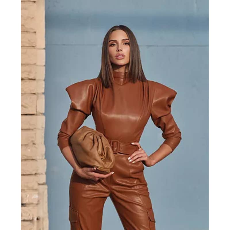 INC X CULPOS Women's Nude Camel Faux-Leather Exaggerated Long Sleeve Bodysuit