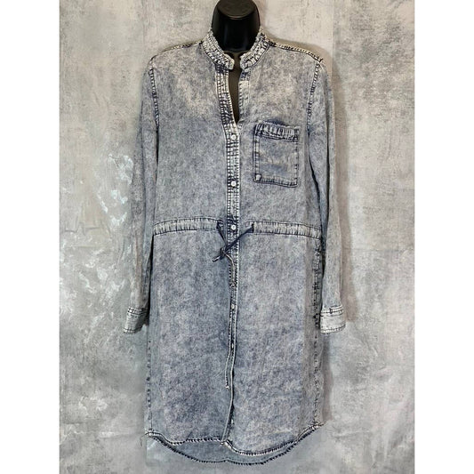 CLOTH & STONE Women's Acid Wash Frayed Banded Collar Button-Up Long Sleeve Mini Shirt Dress SZ S