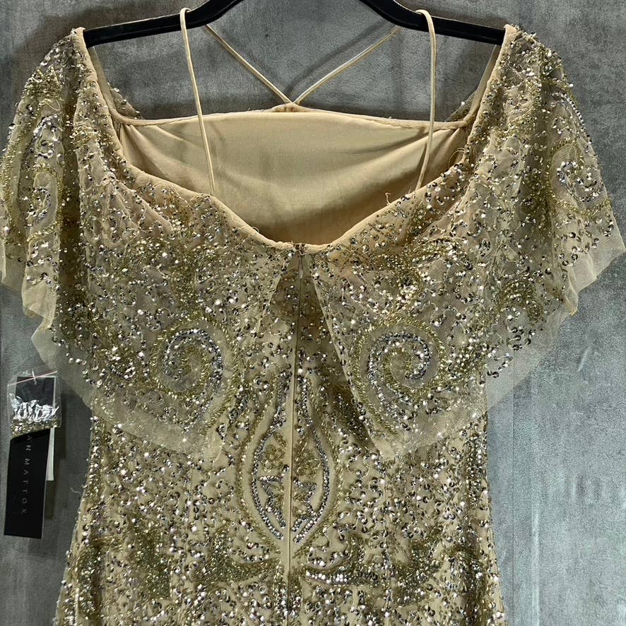 AIDAN MATTOX Women's Light Gold Cold-Shoulder Beaded Embellished Side-Slit Gown
