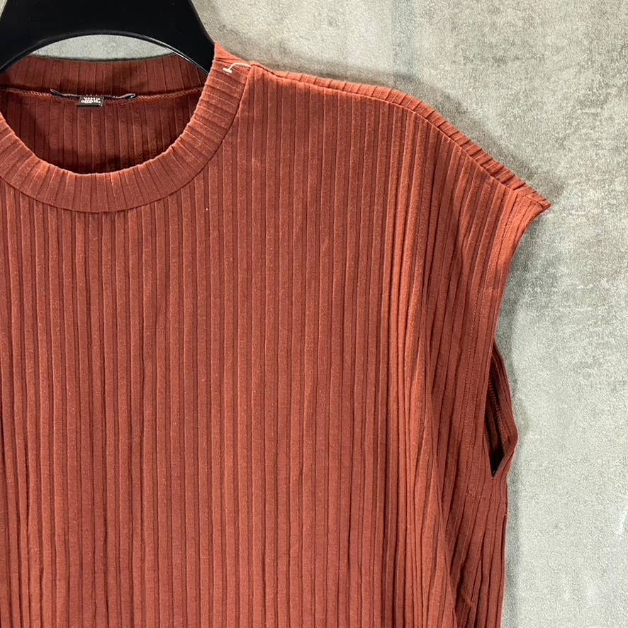 EILEEN FISHER Women's Terracotta Ribbed Crewneck Hi-Low Shift Mini Dress SZ S