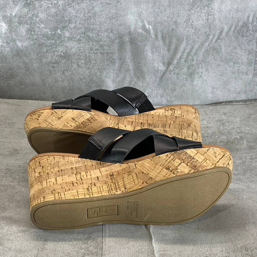 STYLE & CO Women's Black Smooth Violettee Slide Wedge Platform Sandals SZ 6