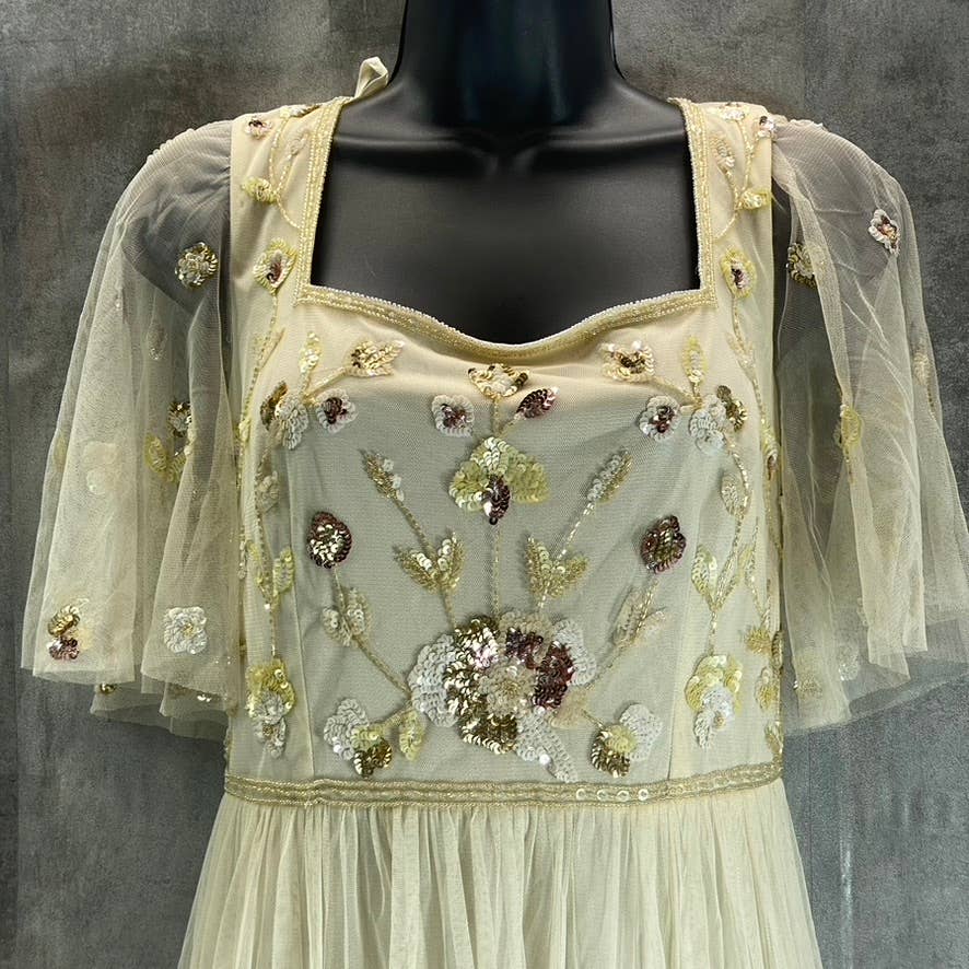 ADRIANNA PAPELL Women's Sandshell Beaded Mesh Short Elbow Sleeve Tulle Gown SZ6