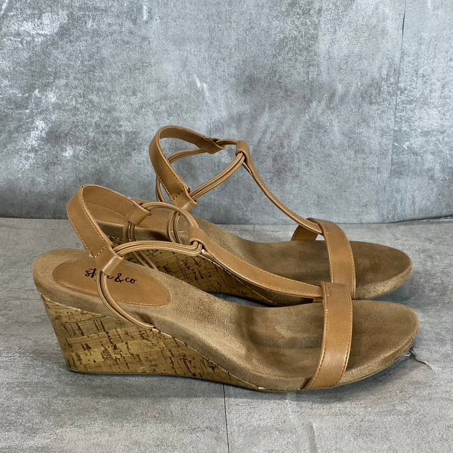 STYLE & Co Women’s Medium Tan Mulan T-Strap Slingback Wedge Sandals SZ 9.5