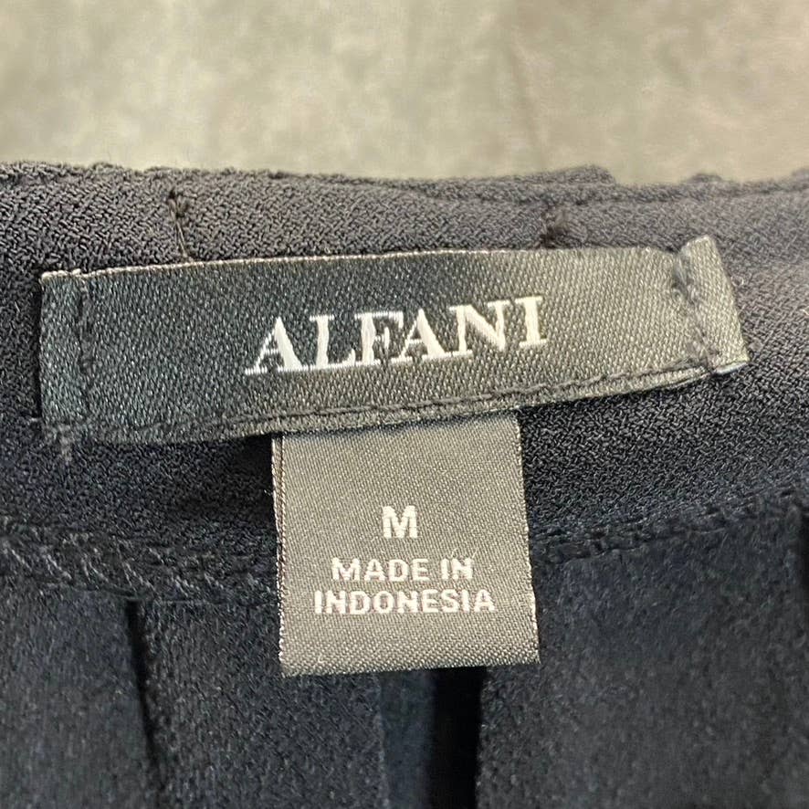 ALFANI Women's Deep Black Pleated Crewneck Cap-Sleeve Top SZ M