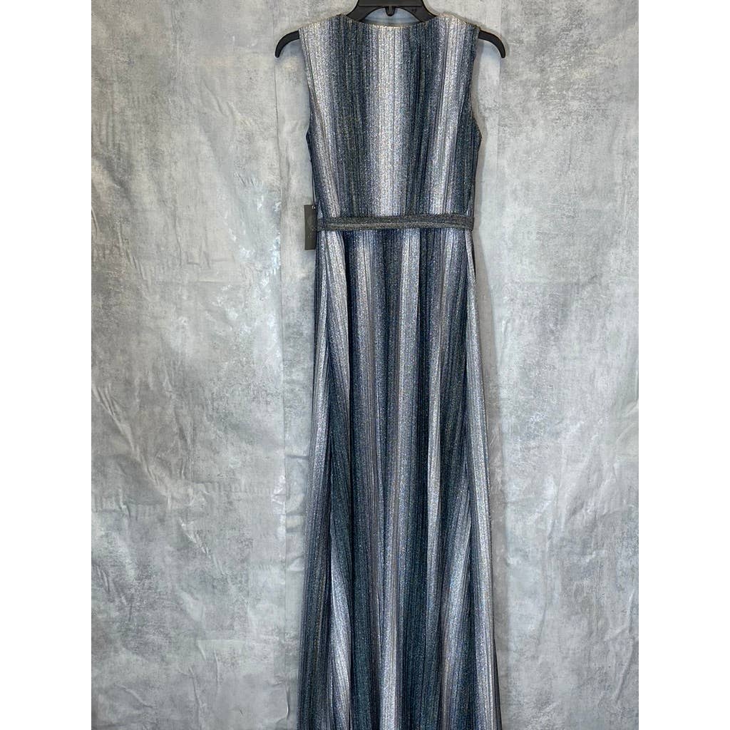 VINCE CAMUTO Women's Gunmetal Metallic Stripe Deep V-Neck Sleeveless Gown SZ 2