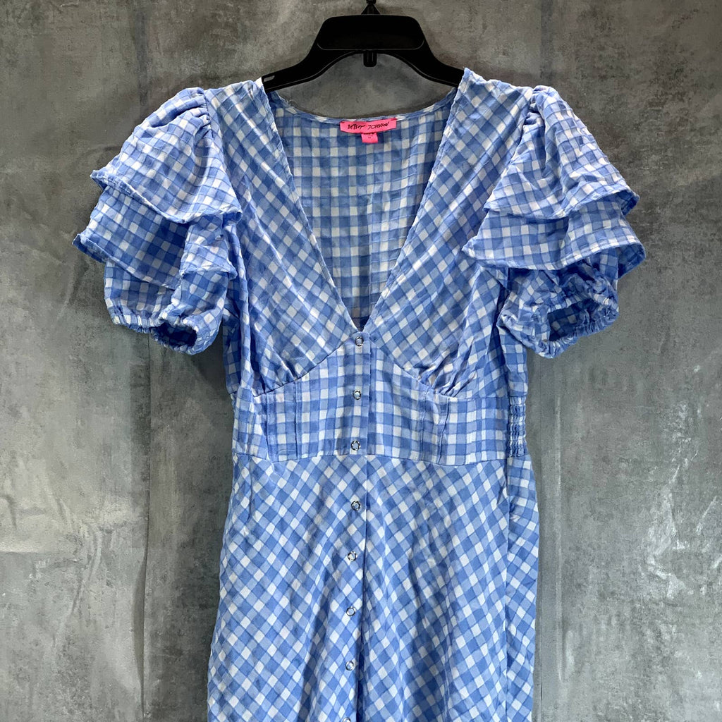BETSEY JOHNSON Women's Placid Blue Gingham V-Neck Puff-Sleeve Snap Midi Shirt
