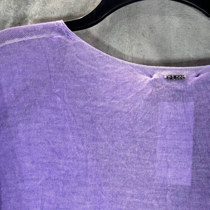 GUESS Women's Lilac Forever Sandra V-Neck Drop-Shoulder Ribbed-Hem Sweater SZ L