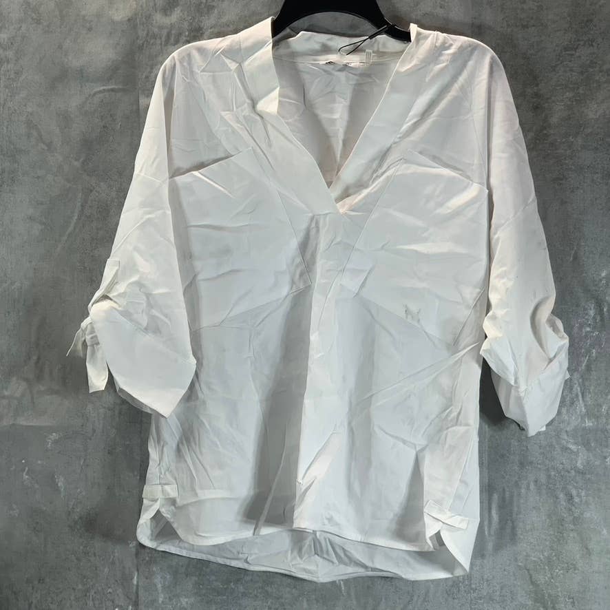 CALVIN KLEIN Women's White Solid V-Neck Elbow Tie-Sleeve Poplin Top SZ S