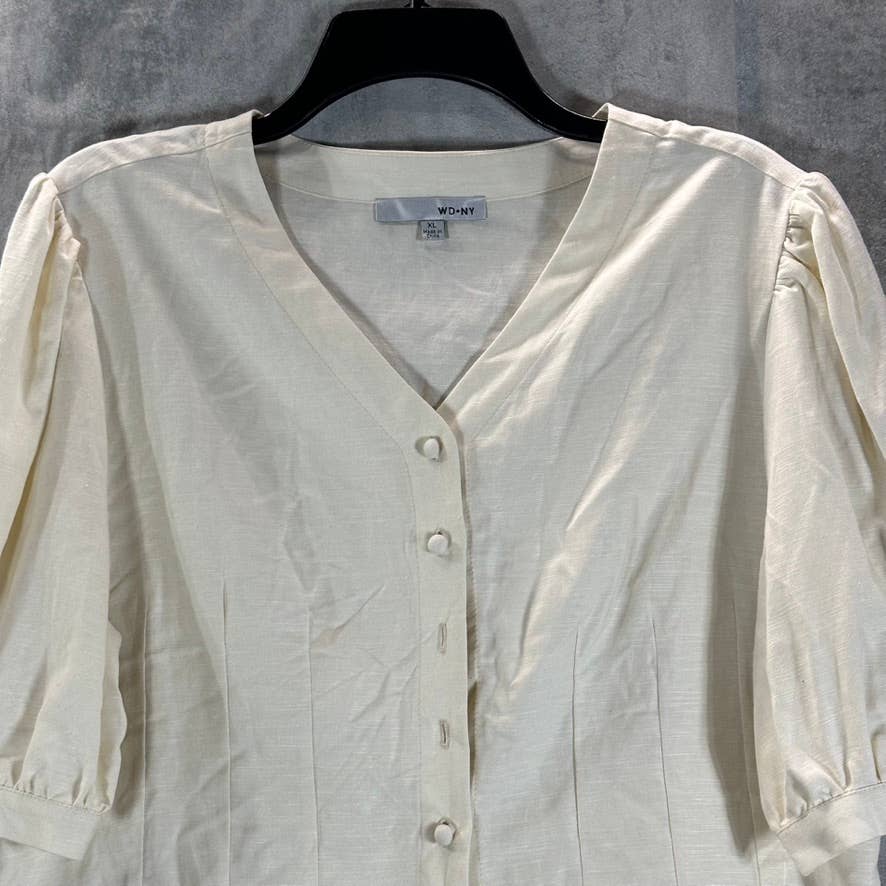 WD.NY Women's Cream V-Neck Button-Down Puff Elbow-Sleeve Top SZ XL