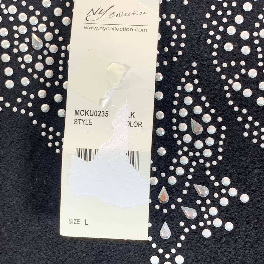 NY COLLECTION Women's Black Rhinestone Scoop-Neck Elbow Sleeve Crepe Top SZ L