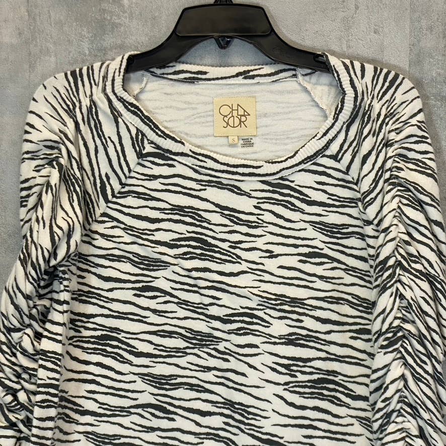 CHASER Women's Black-White Zebra Print Shirred Long Sleeve Crewneck Sweatshirt SZ S