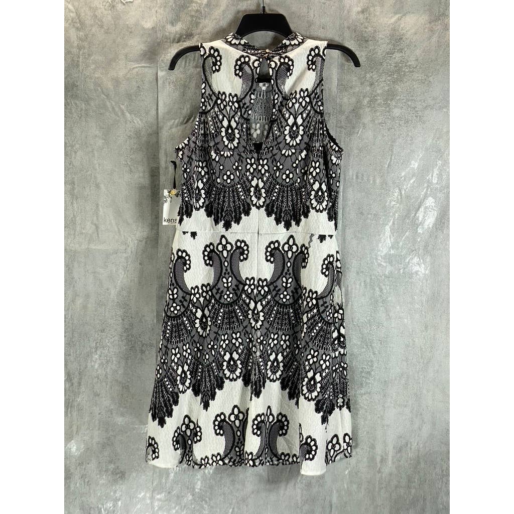 KENSIE Women's Black-White Sleeveless Halter Illusion Lace Embroidered Dress