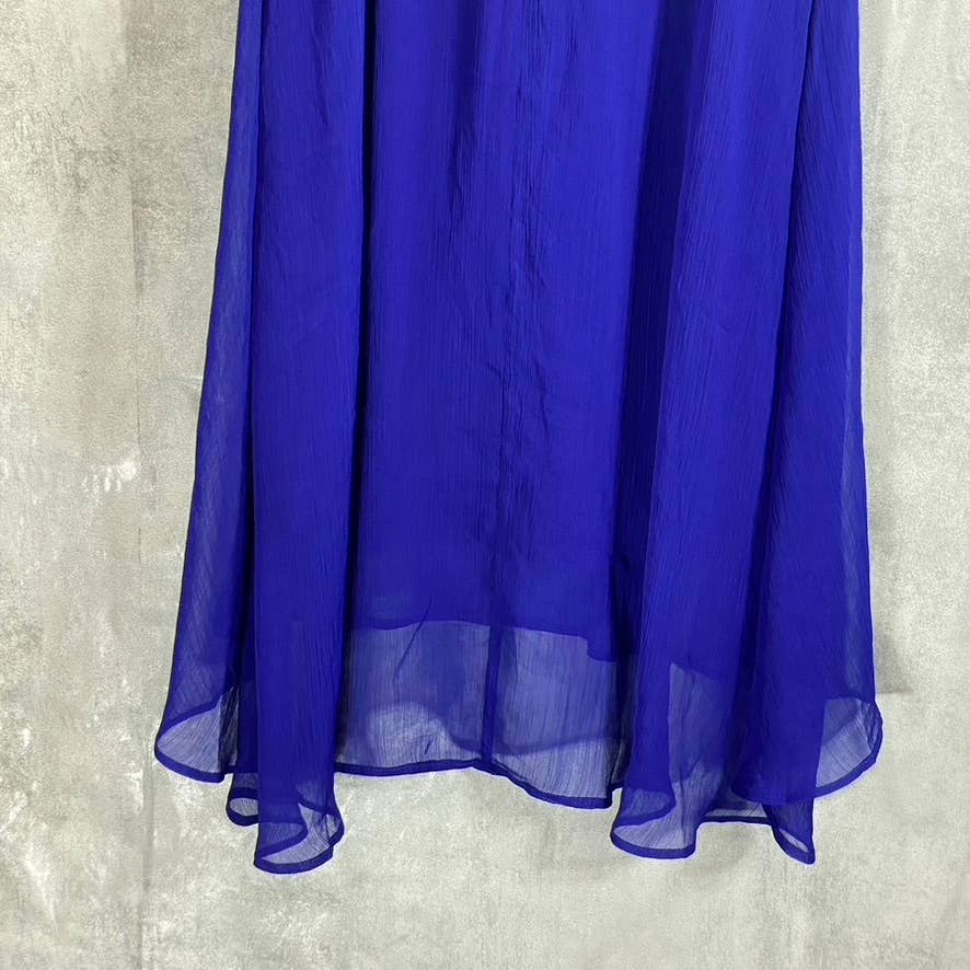 DKNY Women's Blue Ruffle Belted V-Neck Mesh Short-Sleeve Midi Dress SZ 2