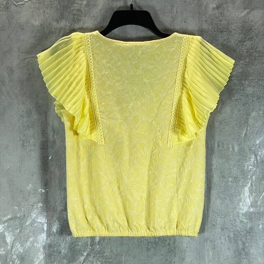 BELLDINI Women's Pineapple Textured Pleated Ruffle-Sleeve V-Neck Top SZ S