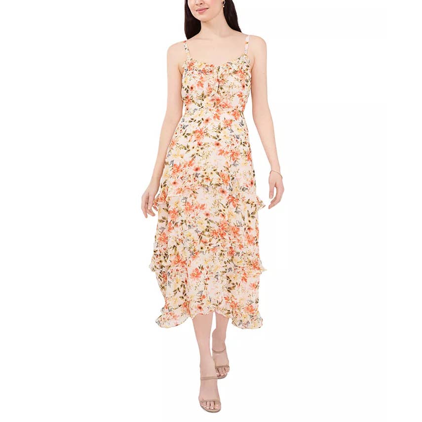 MSK Women's Blush Multi Floral Tiered Ruffle V-Neck Adjustable Strap Midi Dress