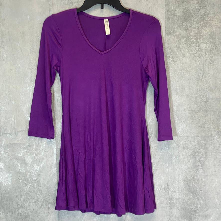 24/7 COMFORT APPAREL Women's Purple V-Neck 3/4 Sleeve Swing Tunic Top SZ S