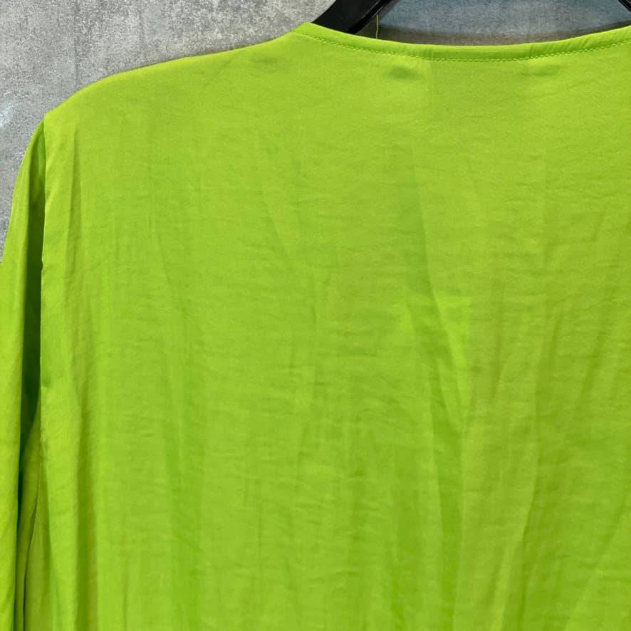 JM COLLECTION Women's Parrot Green Surplice-Neck Tie-Cuff Smocked-Hem Blouse SZ L