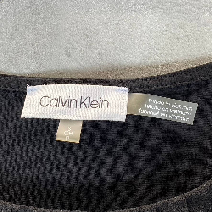 CALVIN KLEIN Women's Black Scoop-Neck Pintuck-Yoke Flutter-Sleeve Top SZ S