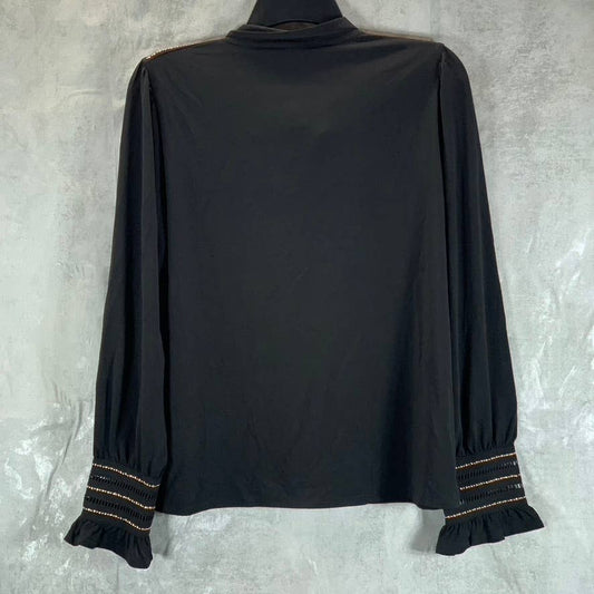 BELLDINI BLACK LABEL Women's Black Embellished Tie-Neck Long-Sleeve Top SZ L