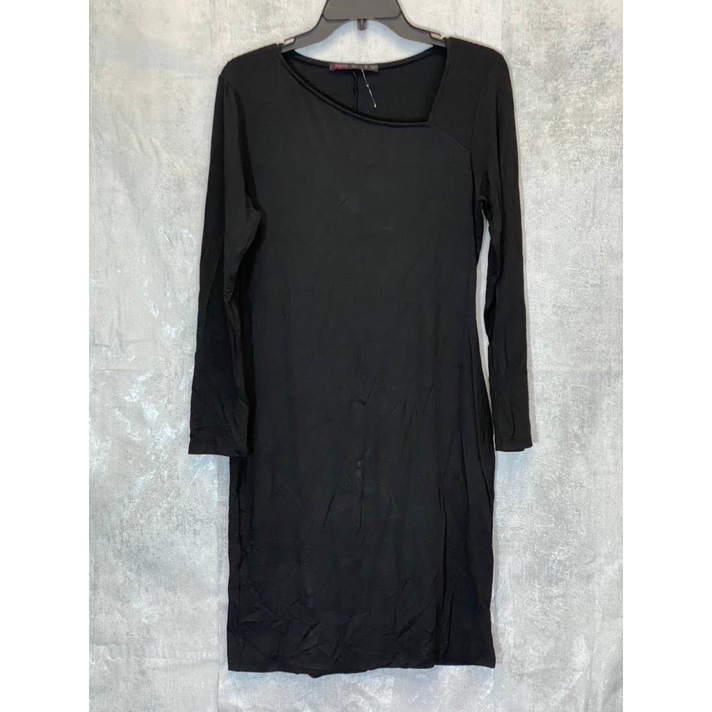 FRAICHE BY J Women's Solid Black Asymmetrical Neck Long Sleeve Sheath Dress SZ M