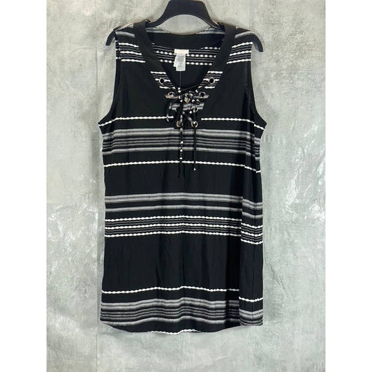 DOTTI Women's Black-White Dahlia Striped Lace-Up Sleeveless Tunic Cover-Up SZ L