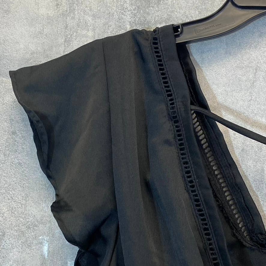 LUNA CHIX Women's Solid Black Flutter Sleeve Double V-Neck Smocked Waist Mini Dress SZ L