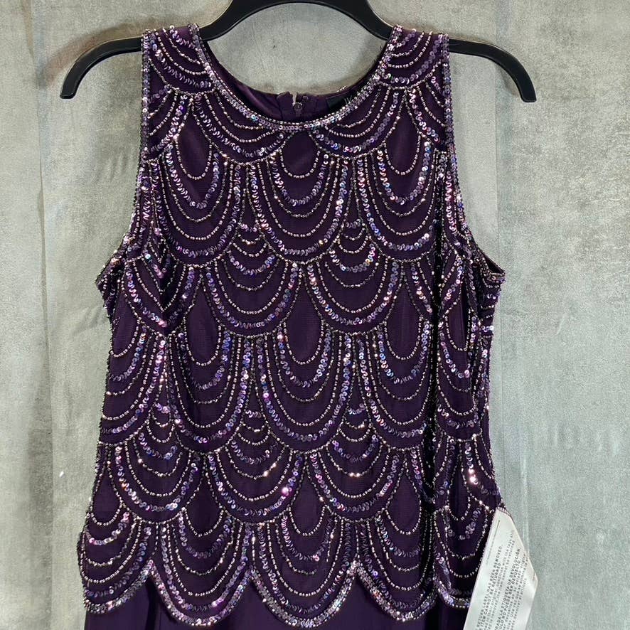 J KARA Women's Plum Beaded Embellished Sleeveless A-Line Maxi Gown SZ 14