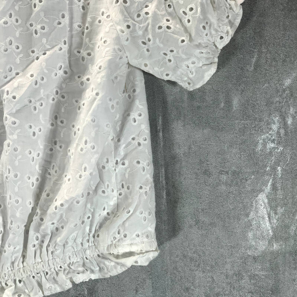 1.STATE Women's Ultra White Eyelet Raglan Sleeve Tie-Hem Crop Top SZ S