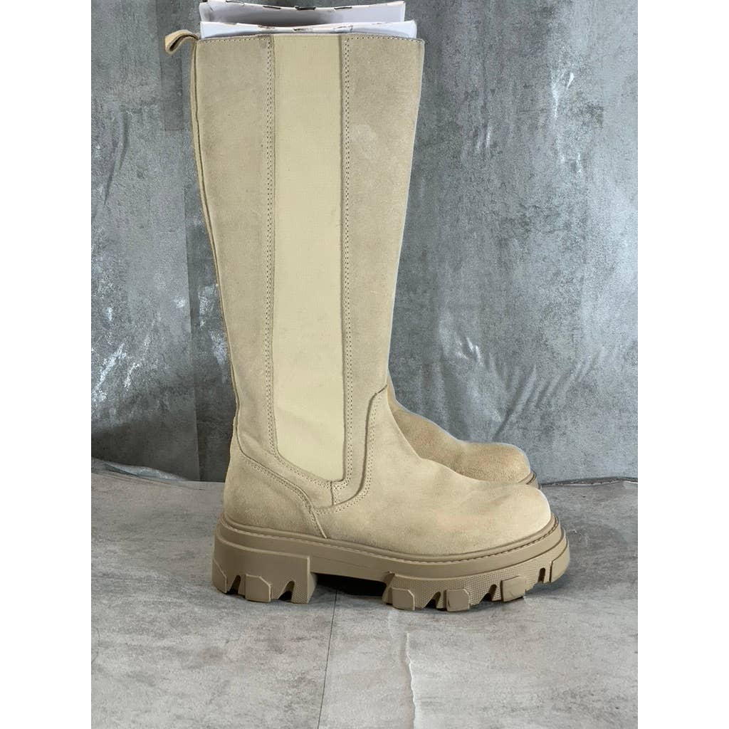 STEVE MADDEN Women's Sand Suede Esma Tall Lug Sole Block Heel Boots SZ 6.5