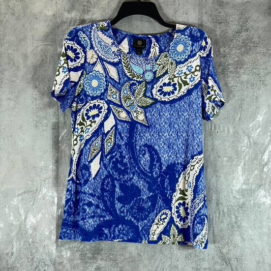 JM COLLECTION Women's Blue Printed Jacquard Knit Scoop-Neck Short-Sleeve Top SZS