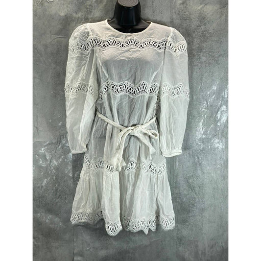 RAHI Women's White Sanibel Long Puff Sleeve Lace-Trim Belted Mini Dress SZ XS