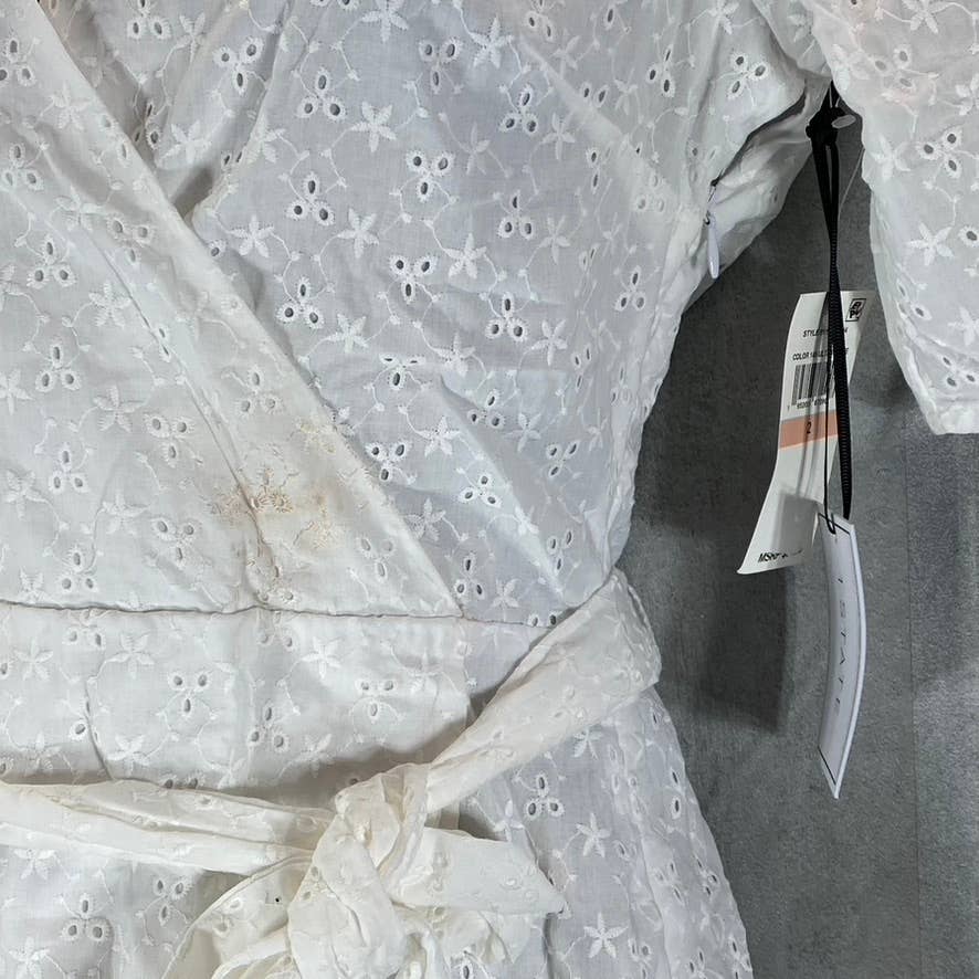 1. STATE Women's White Eyelet Wrap-Front Ruched Elbow-Sleeve Mini Dress SZ 2