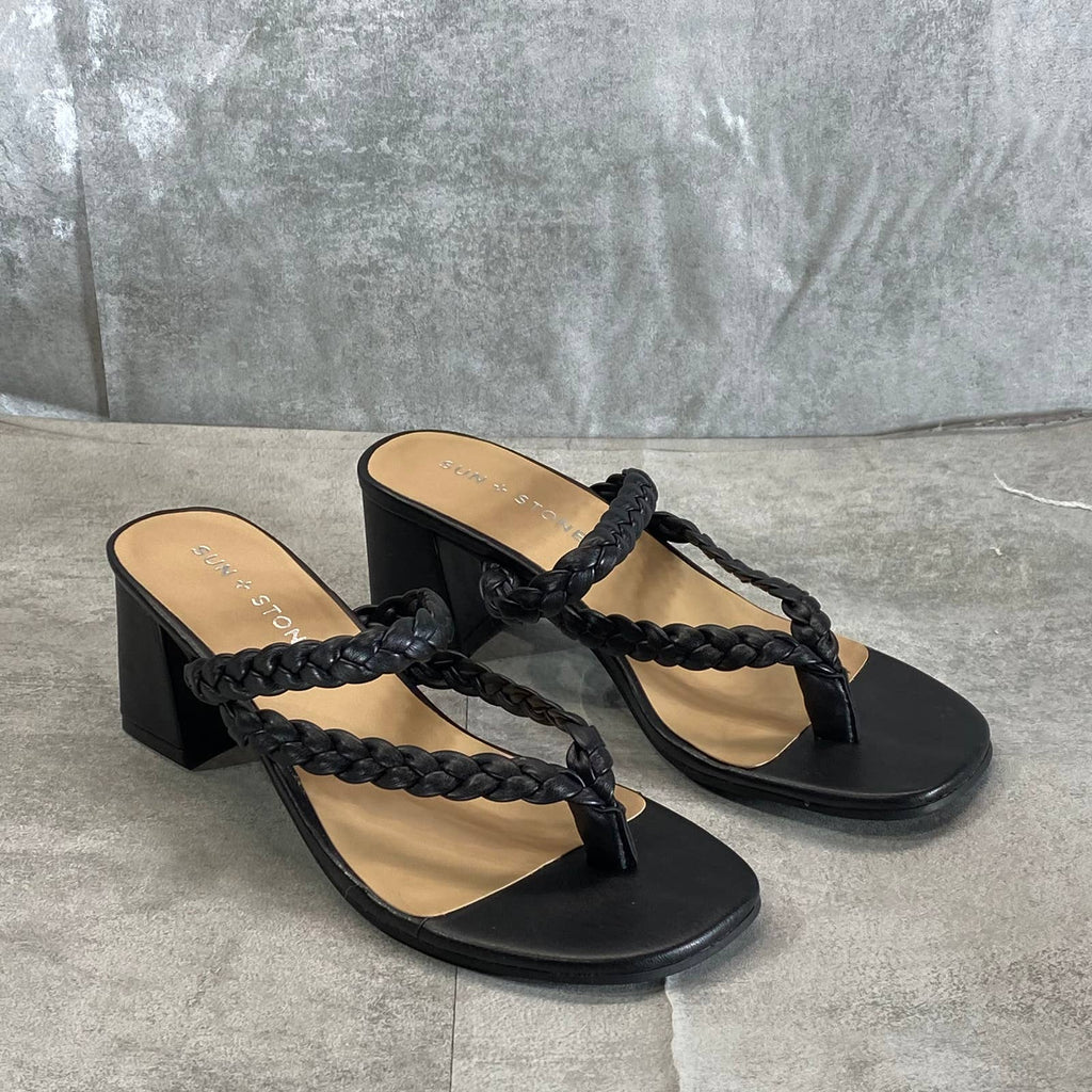 SUN+STONE Women's Black Wiinie Braided Round-Toe Block-Heel Dress Sandals SZ 6