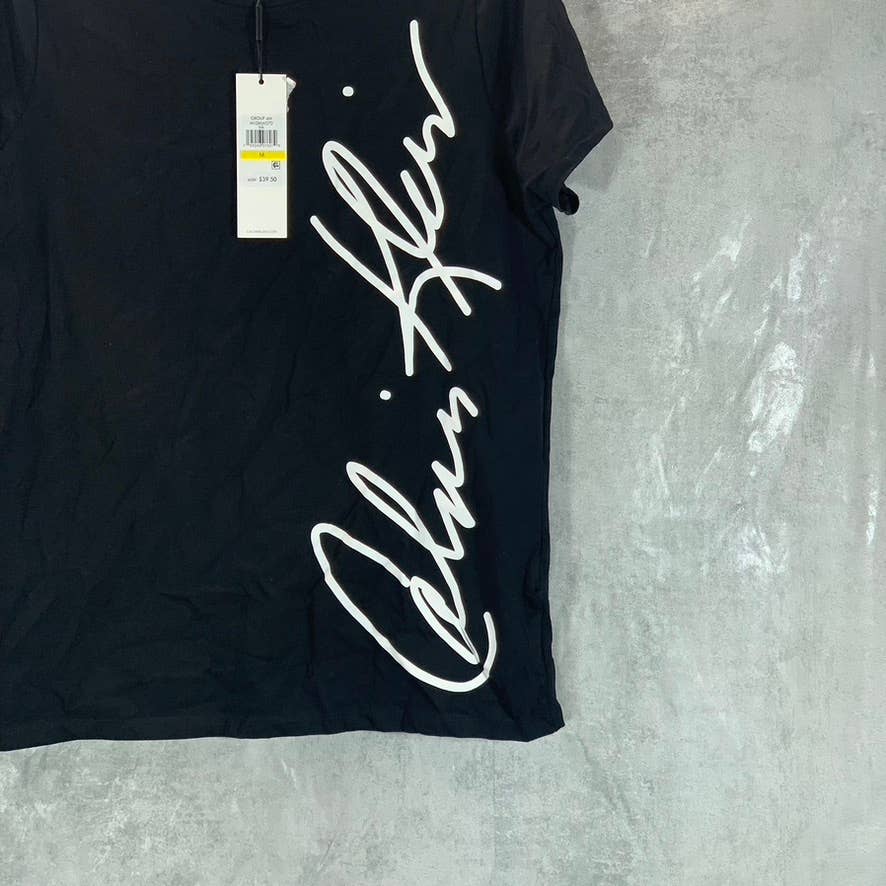 CALVIN KLEIN Women's Black Signature Logo Crewneck Short-Sleeve Tee SZ M