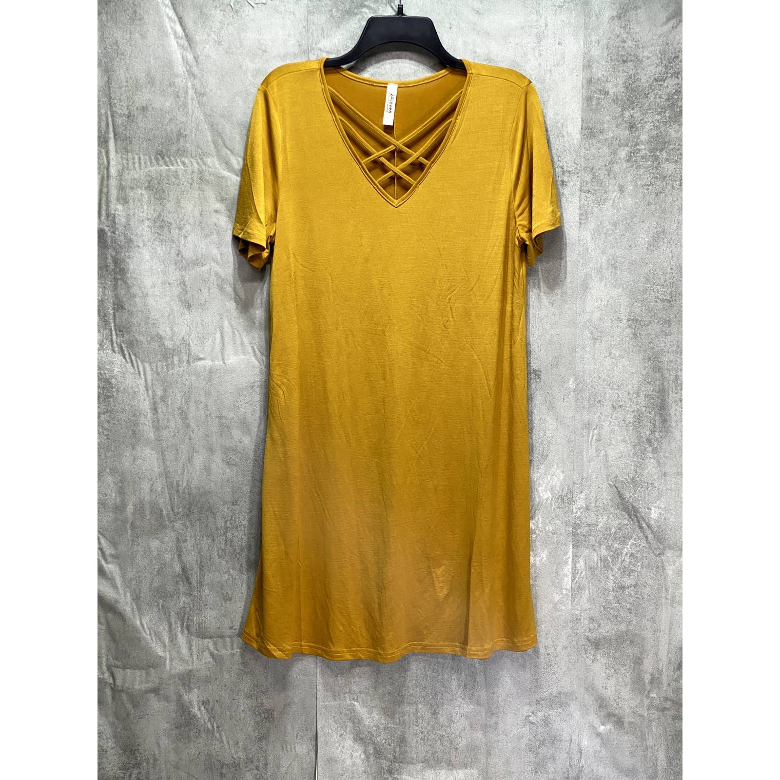 24SEVEN COMFORT APPAREL Mustard Criss Cross Neckline Short Sleeve T-Shirt Dress SZ L