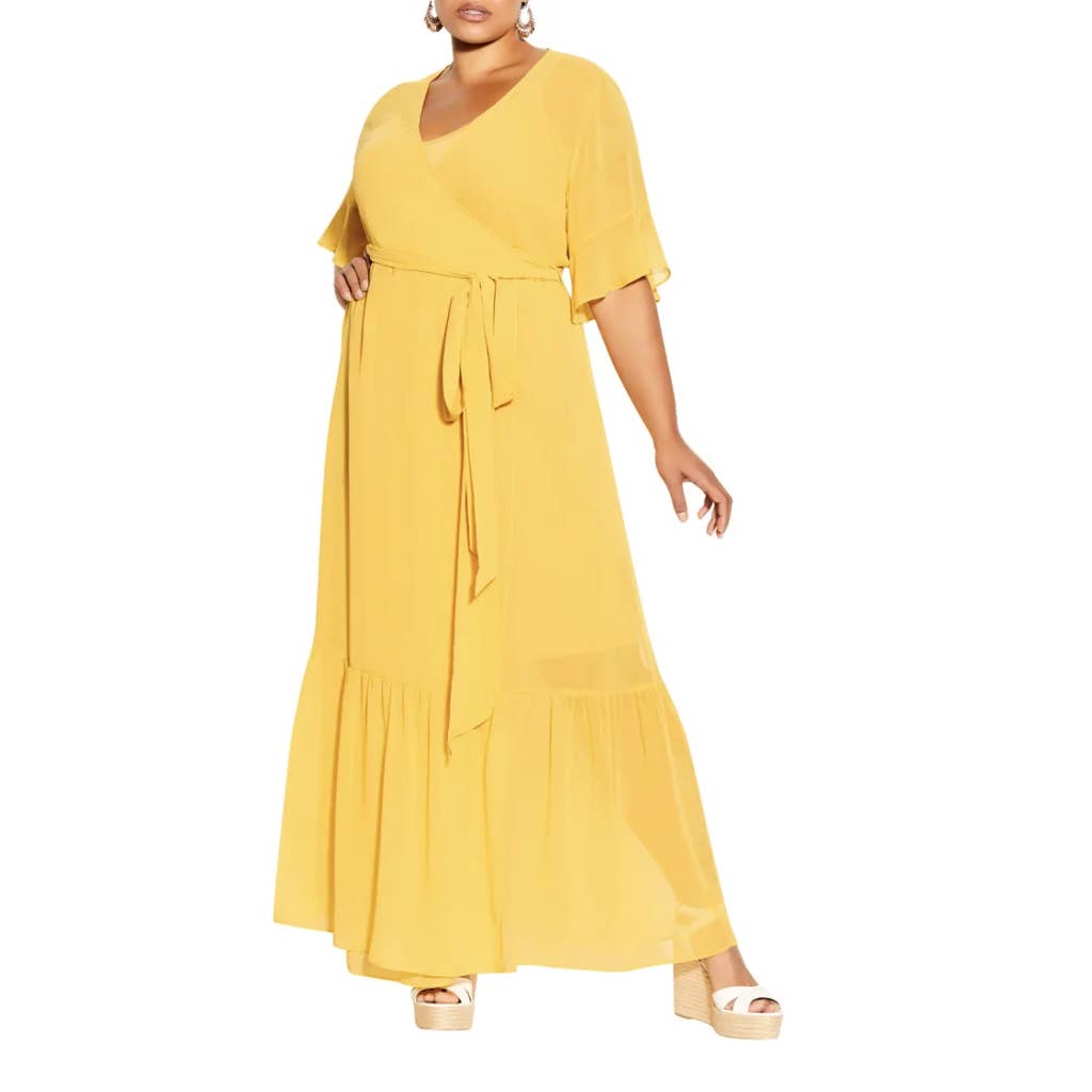 CITY CHIC Women's Plus Size Golden Flutter Sleeve Wrap Maxi Dress SZ XXL