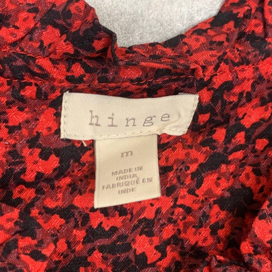 HINGE Red Printed Tie-Neck Long Sleeve Button Front Top SZ M
