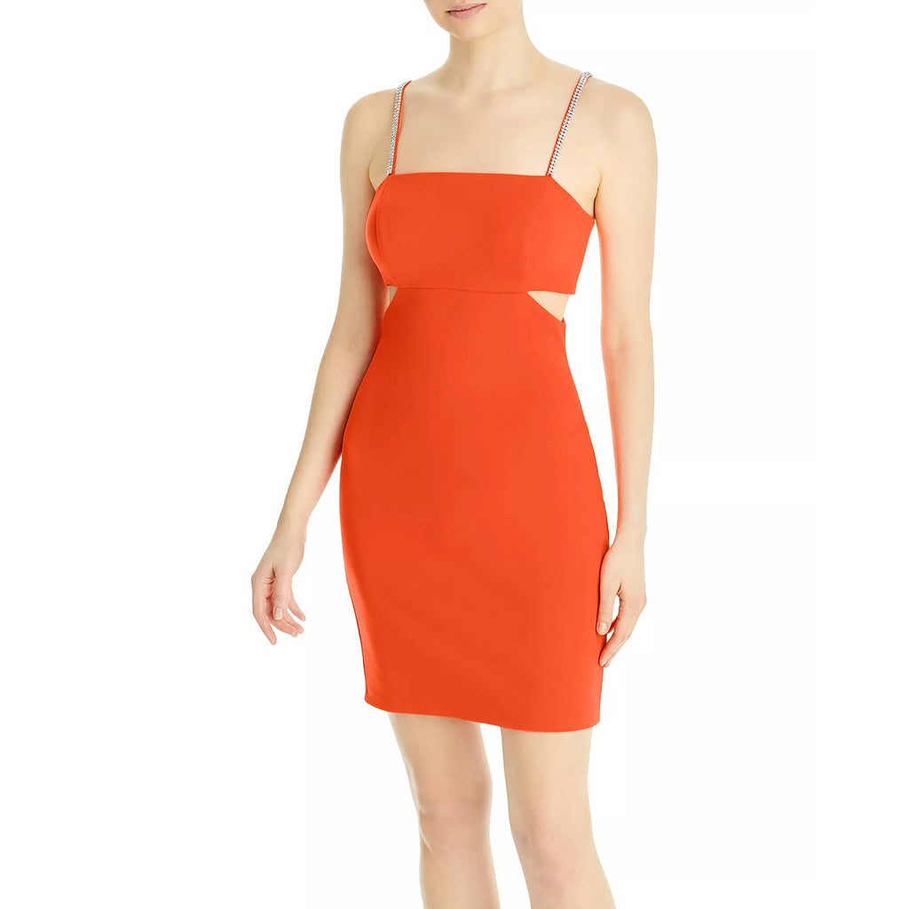 AQUA FORMAL Women's Orange Scuba Side Cutout Embellished Strap Sheath Mini Dress