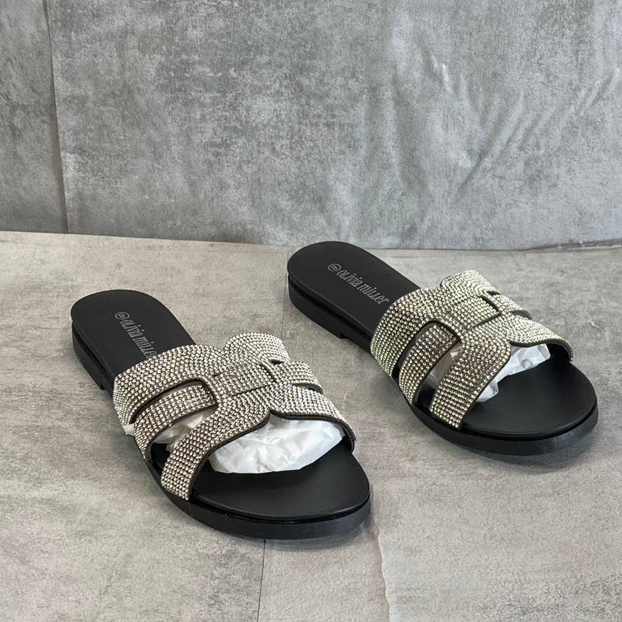 OLIVIA MILLER Women's Black Saltspring Rhinestone Embellished Strap Slide Sandals SZ 8