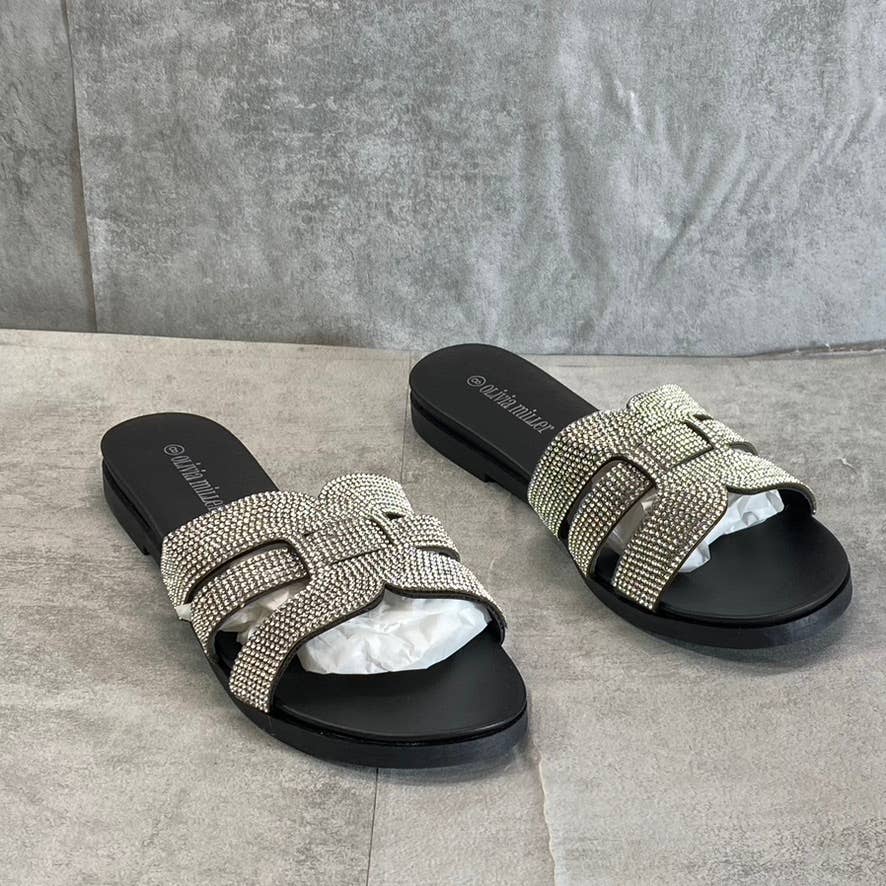 OLIVIA MILLER Women's Black Saltspring Rhinestone Embellished Strap Slide Sandals SZ 8