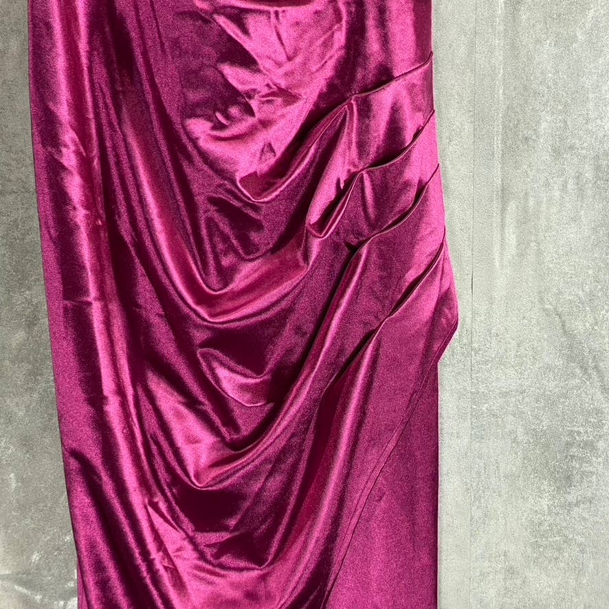 BCX Juniors' Purple Satin Slim Draped Neck Ruched Side-Slit Maxi Gown SZ 13