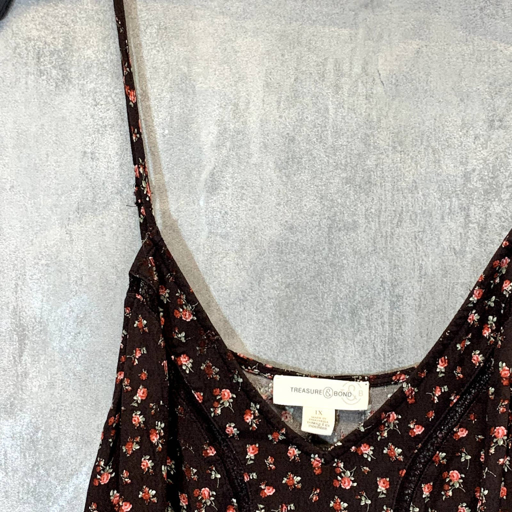 TREASURE & BOND Women's Plus Size Brown Distressed Spring Rose Lace Inset Tank Top SZ 1X