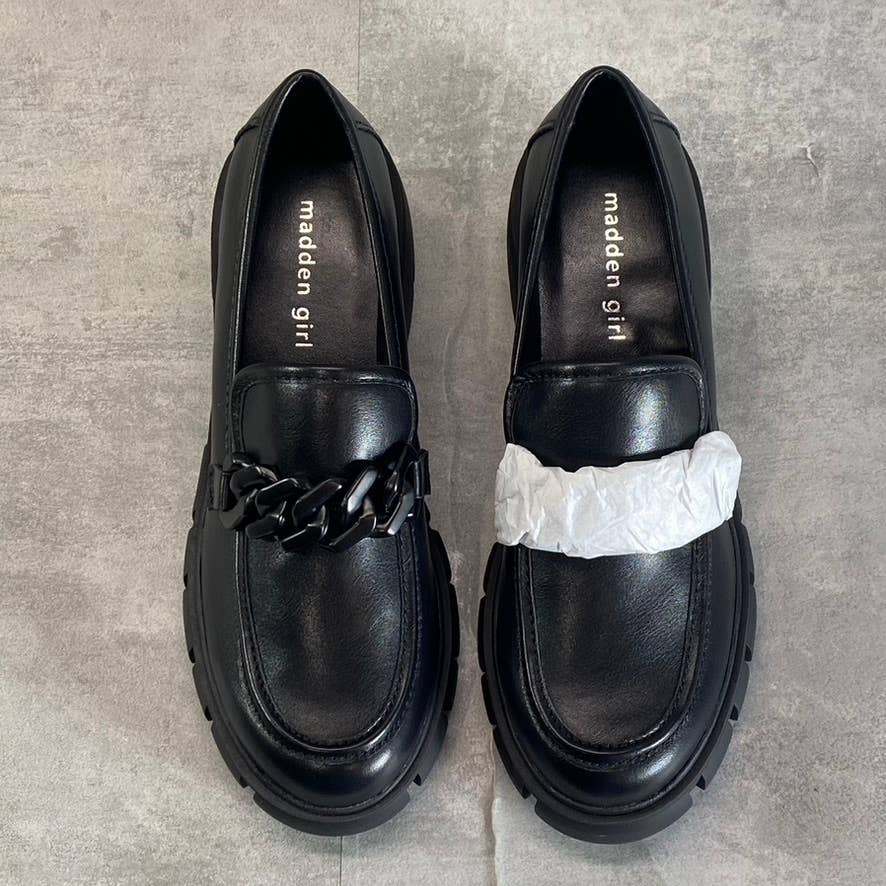 MADDEN GIRL Women's Black Hoxtonn Chain Lug Sole Block-Heel Loafers SZ 8.5